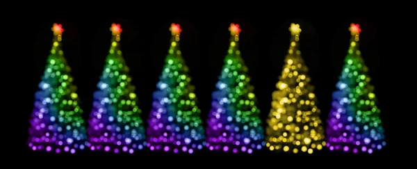 Five standart and one different multicolored christmas tree — Stock Photo, Image