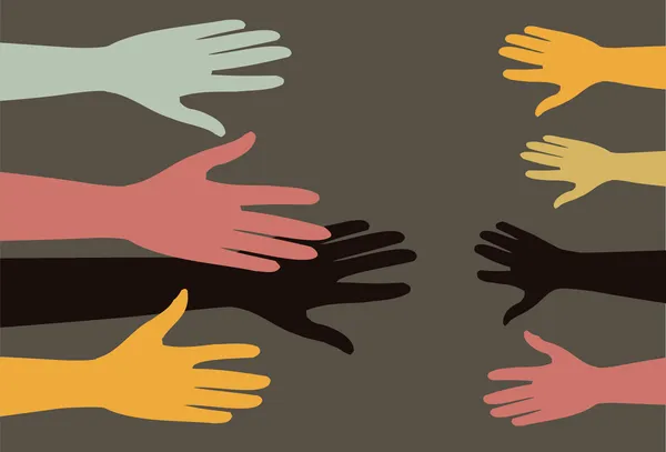 Ayudando a las manos diferentes razas humanas — Vector de stock