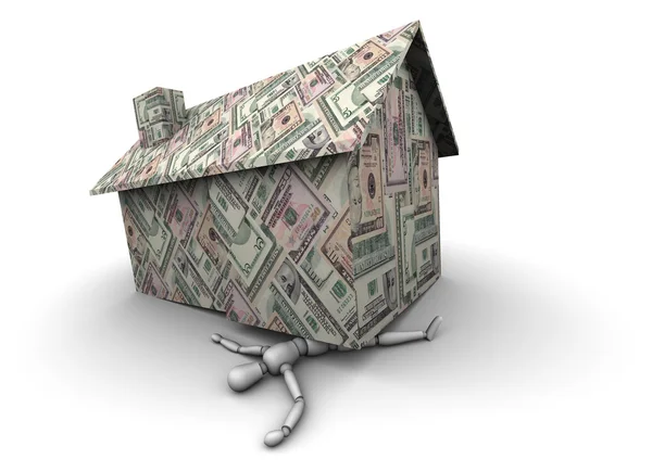 Persoon verpletterd onder huis gemaakt van geld — Stockfoto