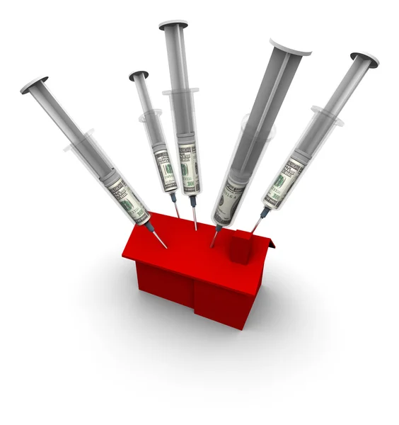 House with Syringe Needles Injecting Money — Stock Photo, Image