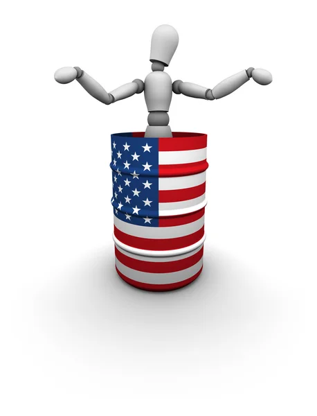 Hombre parado en barril de petróleo con bandera de EE.UU. Imagen de stock