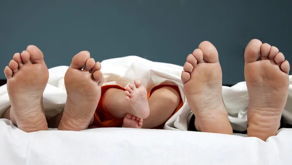 ツリー組のベッドの中で幸せな家族の足 — ストック写真