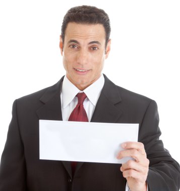 Surprised Caucasian Business Man Holding Blank Envelope, Isolate clipart