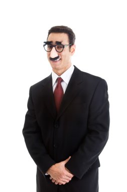 Smiling Businessman Wearing Grouch Marx Glasses Looking At Camer clipart