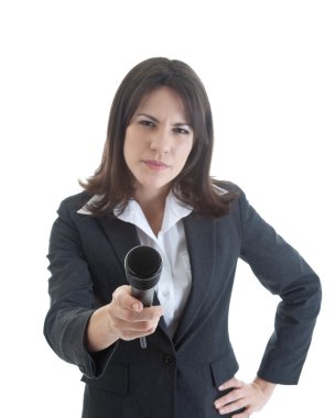 Skeptical Woman Holding Microphone Isolated White clipart