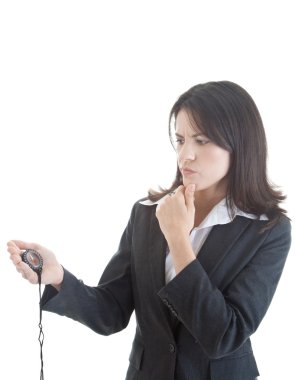 Caucasian Woman Looking at Compass Thinking Hand on Chin clipart