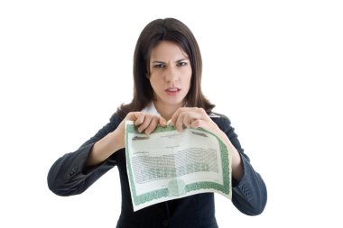 Angry Caucasian Woman Ripping Stock Certificate Isolate White Ba clipart