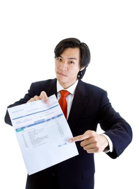 Asian Man Pointing Past Due Medical Bill, Isolated clipart