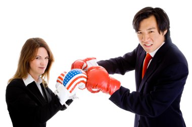 Asian Man White Woman Boxing Gloves Suit Flag clipart