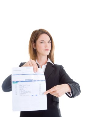 Caucasian Woman Pointing at Past Due Medical Bill Isolated White clipart