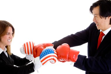 Caucasian Woman Asian Man Boxing Gloves American Flag clipart