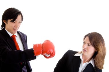 Asian Man Punching at Ducking White Woman Isolated Background clipart