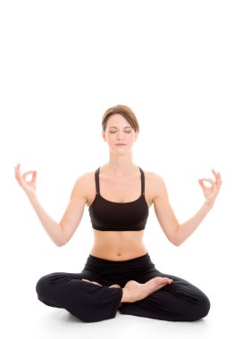 ince beyaz kadın yoga esnek üzerinde beyaz izole