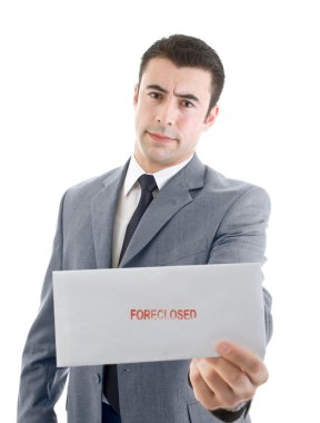 Caucasian Hispanic Man Holding Foreclsoure Notice White Backgrou clipart