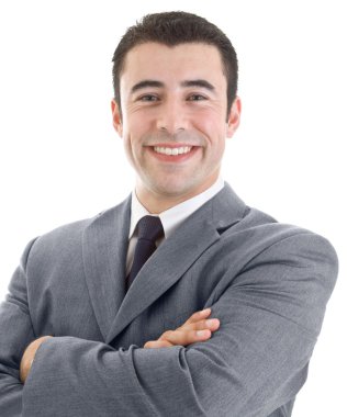 Cheerful Hispanic Man Smiling at Camera Isolated on White clipart