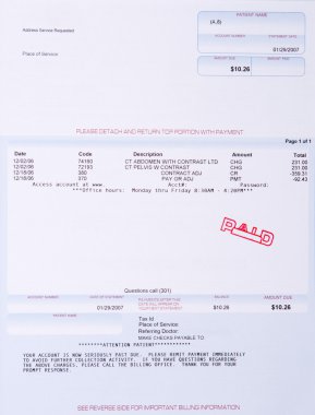 Paper Medical Bill CT Scan Stamped PAID Past Due clipart