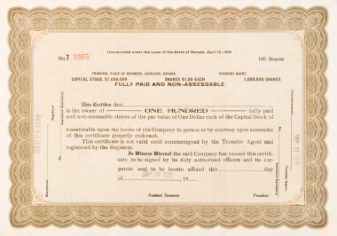 Stock Certificate Lovelock, Nevada 1918 100 Shares clipart