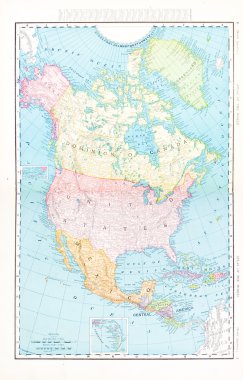 Antique Color Map North America Canada Mexico, USA