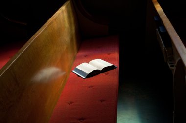 Open Bible Lying on Church Pew in Narrow Sunlight Band clipart