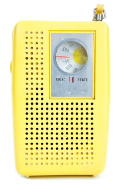 Vintage Yellow Plastic Transistor Radio Isolated White Backgroun clipart