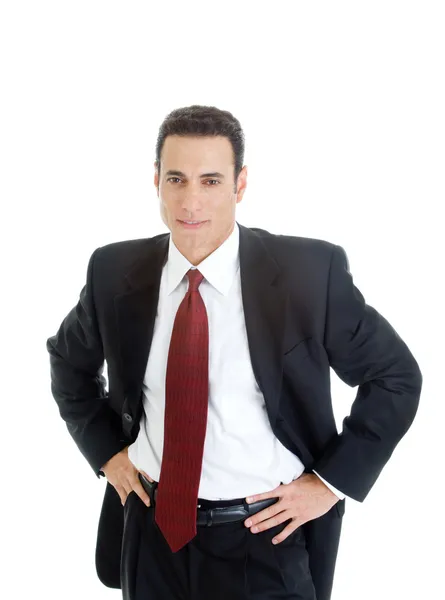 Confident Caucasian Businessman Hands on Hips, Suit, Isolated Wh — Stock Photo, Image