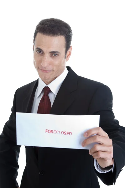 Handsome Caucasian Man Holding Envelope Foreclosed Isolated on W — Stock Photo, Image