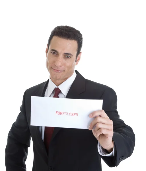 Стійка самовдоволений бізнесмен проведення конверт позначені виключив, Ізола — стокове фото