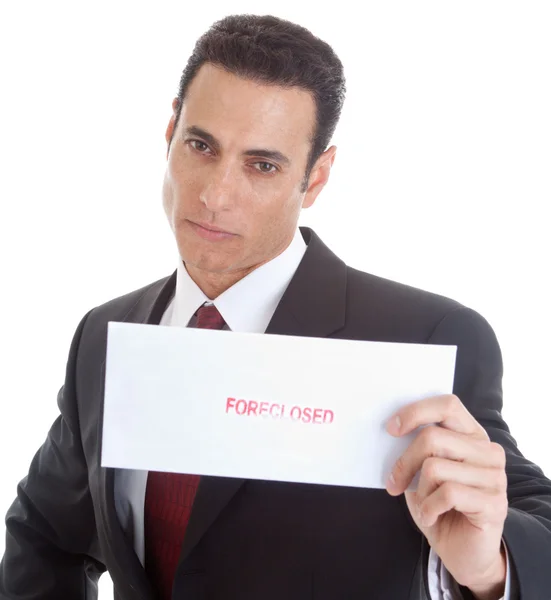 Serious Caucasian Man Holding a Foreclosure Notice, White Backgr — Stock Photo, Image