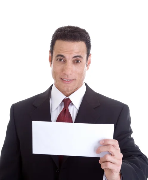Boş zarf, holding sürpriz beyaz iş adamı izole — Stok fotoğraf