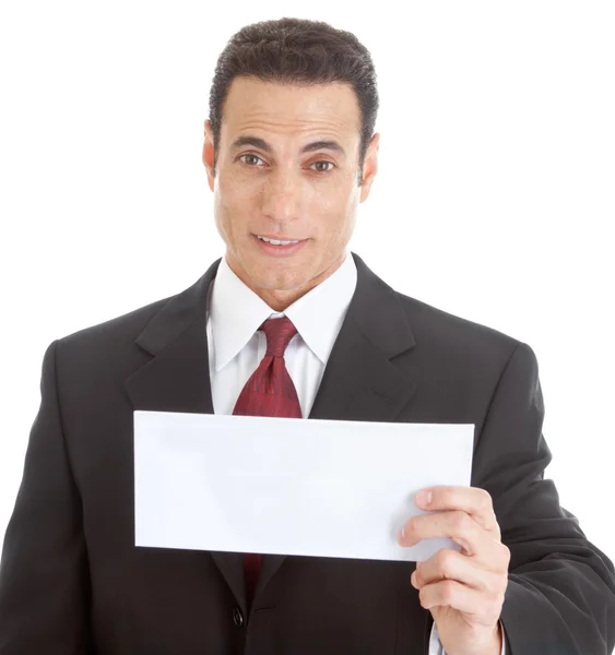 Boş zarf, holding sürpriz beyaz iş adamı izole — Stok fotoğraf