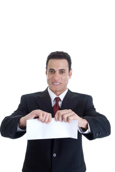 Bonito homem caucasiano rasgando envelope, isolado no branco — Fotografia de Stock