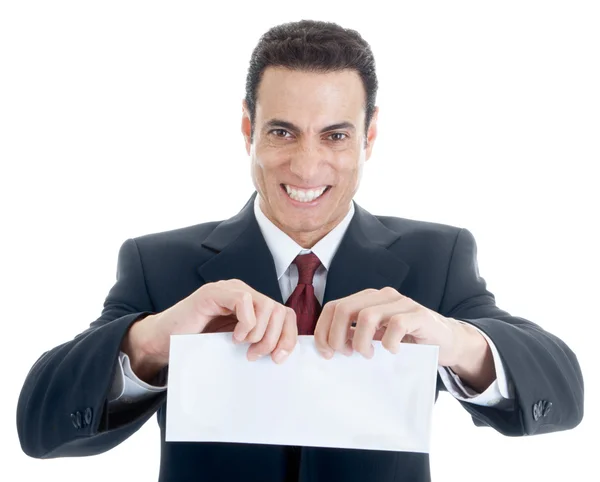 Furious кавказька бізнесмен розриваючи конверт ізольовані на білому — стокове фото