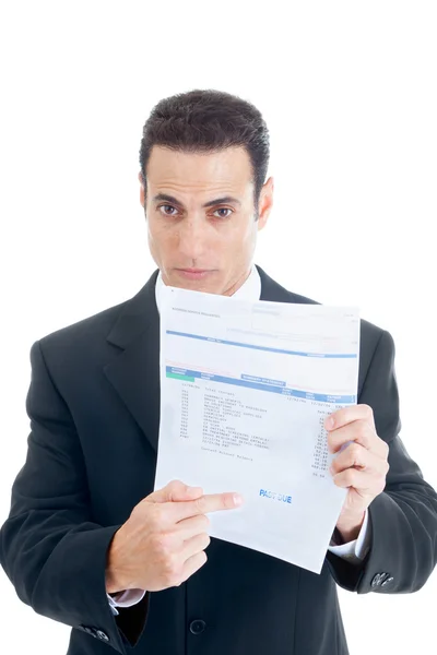 Caucasian Man Pointing at Past Due Medical Bill, Suit, Isolated — Stock Photo, Image