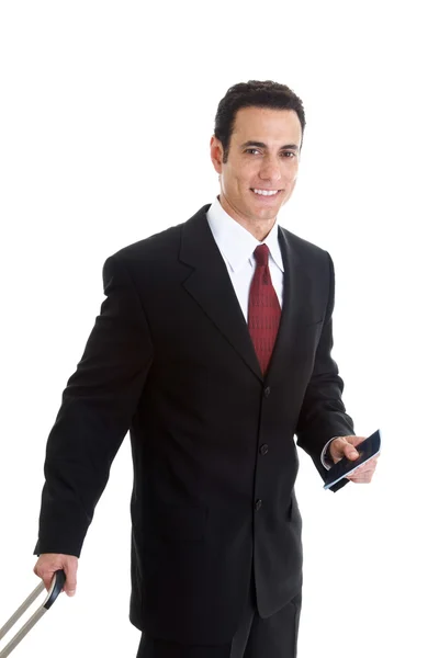Celebrating Caucasian Man Suit Holding Laptop Isolated White Bac — Stock Photo, Image