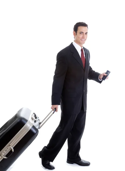 Beyaz adam çekerek bavul ve pasaport seyahat w izole — Stok fotoğraf
