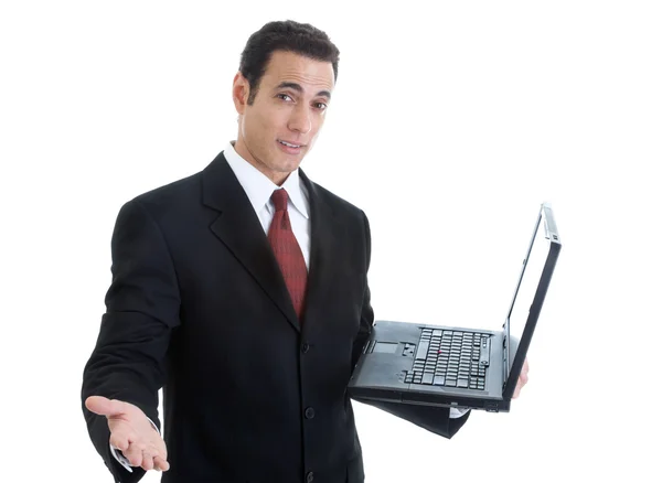 Homme d'affaires Gesturing, tenant ordinateur portable isolé sur Backgrou blanc — Photo