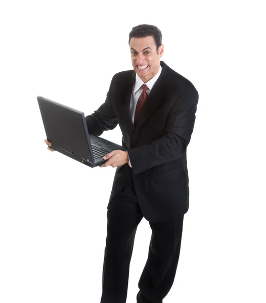 Arg affärsman hålla laptop isolerade vit bakgrund kan — Stockfoto