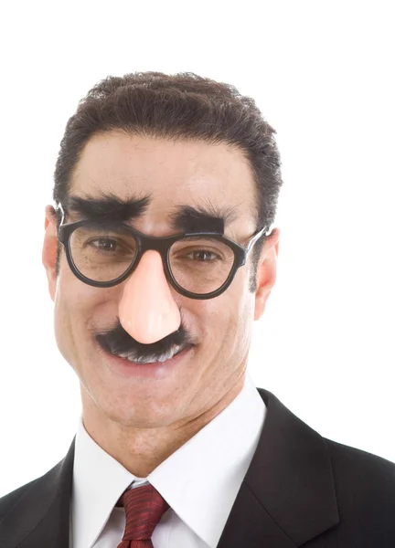Usmívající se podnikatel nošení groucho marx brýle izolované na whi — Stock fotografie