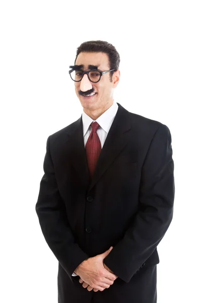Glimlachend zakenman dragen mopperen marx bril kijken naar camer — Stockfoto