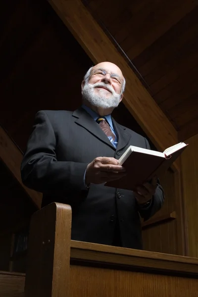 Senior Caucasian Man Standing Church Pew Hymnal — Stock Photo, Image
