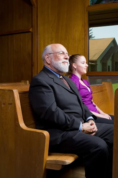 Older White Man Younger Woman Sitting Church Pew — Stock Photo, Image