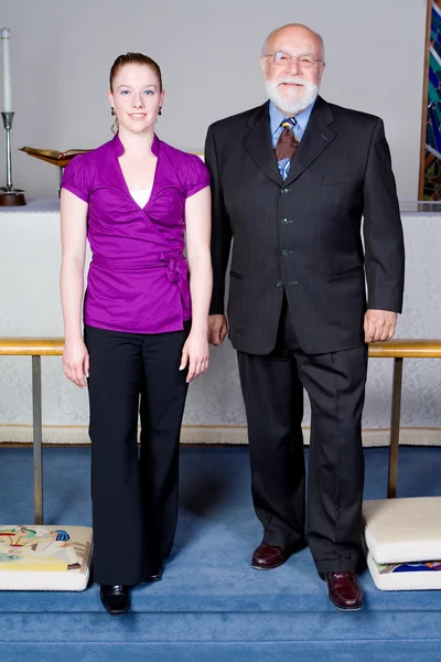 White Senior Man and Young Woman Church Goers at Altar — Stock Photo, Image