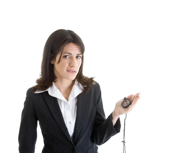 Bezorgd vrouw pak houden kompas geïsoleerde Wit — Stockfoto