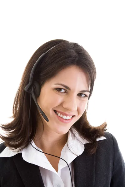 Happy Smiling Woman Suit Headset Isolated White — Stock Photo, Image