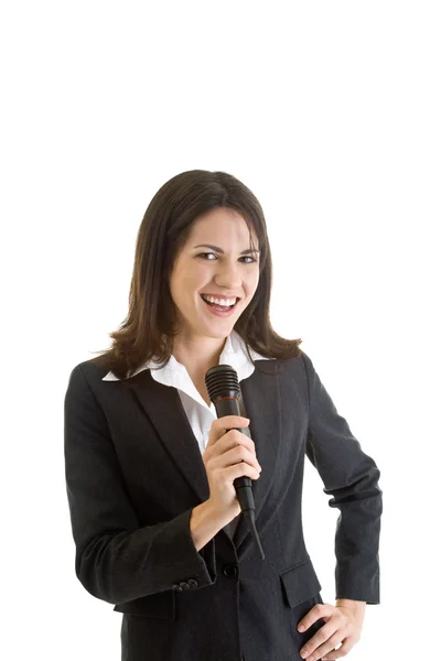 Smiling Business Woman Wireless Microphone Isolated — Stock Photo, Image