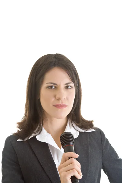 Affärskvinna som innehar mikrofon isolerade vit — Stockfoto
