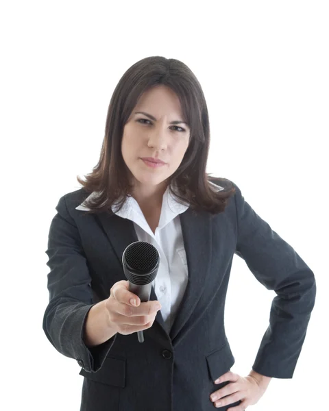 Sceptyczny kobieta trzyma mikrofon na białym tle biały — Zdjęcie stockowe