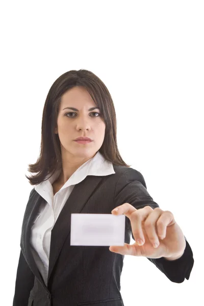 分離されたビジネス カード w を保持している白人の女性実業家の笑みを浮かべてください。 — ストック写真