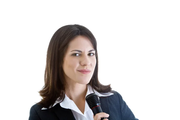 Uśmiechający się caucuasian kobieta trzyma mikrofon na białym tle biały backg — Zdjęcie stockowe