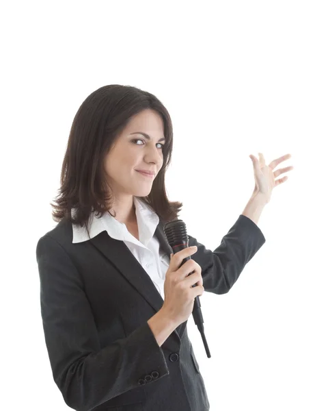 Mujer caucuasiana sosteniendo micrófono inalámbrico gestos aislados — Foto de Stock